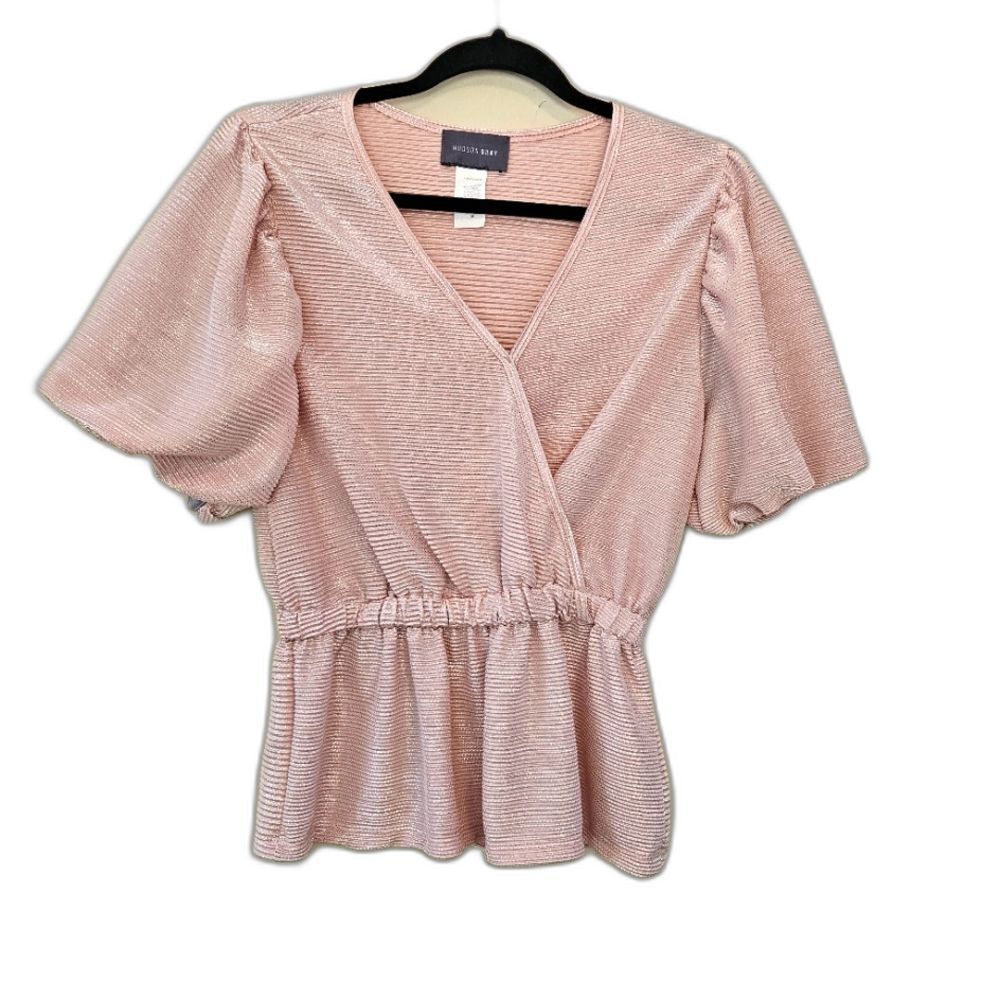 Hudson Gray Faux Wrap Top Women Sz M Glitter Shimmer Pink Balloon Sleeves